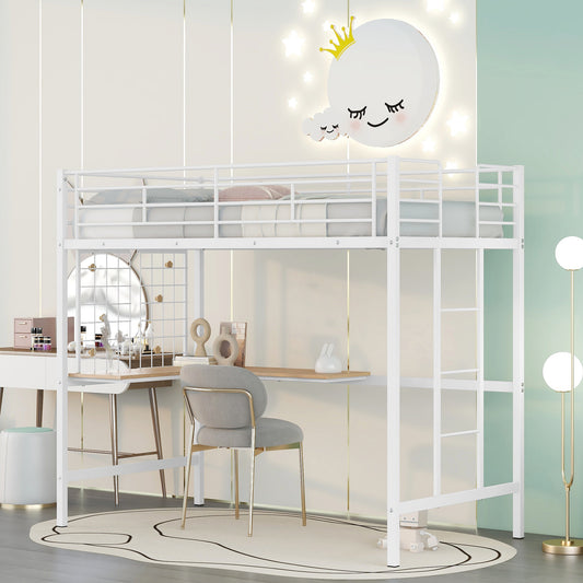 White metal loft bed with integrated desk and grey chair
