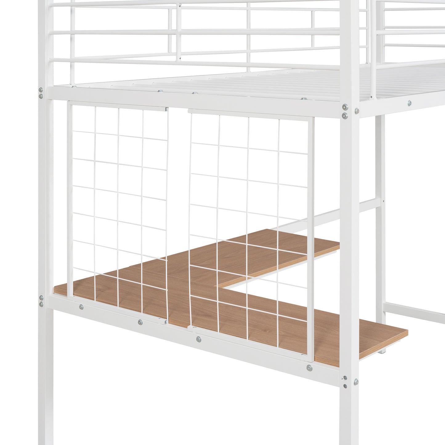 White metal loft bed frame with Lshaped wood shelf