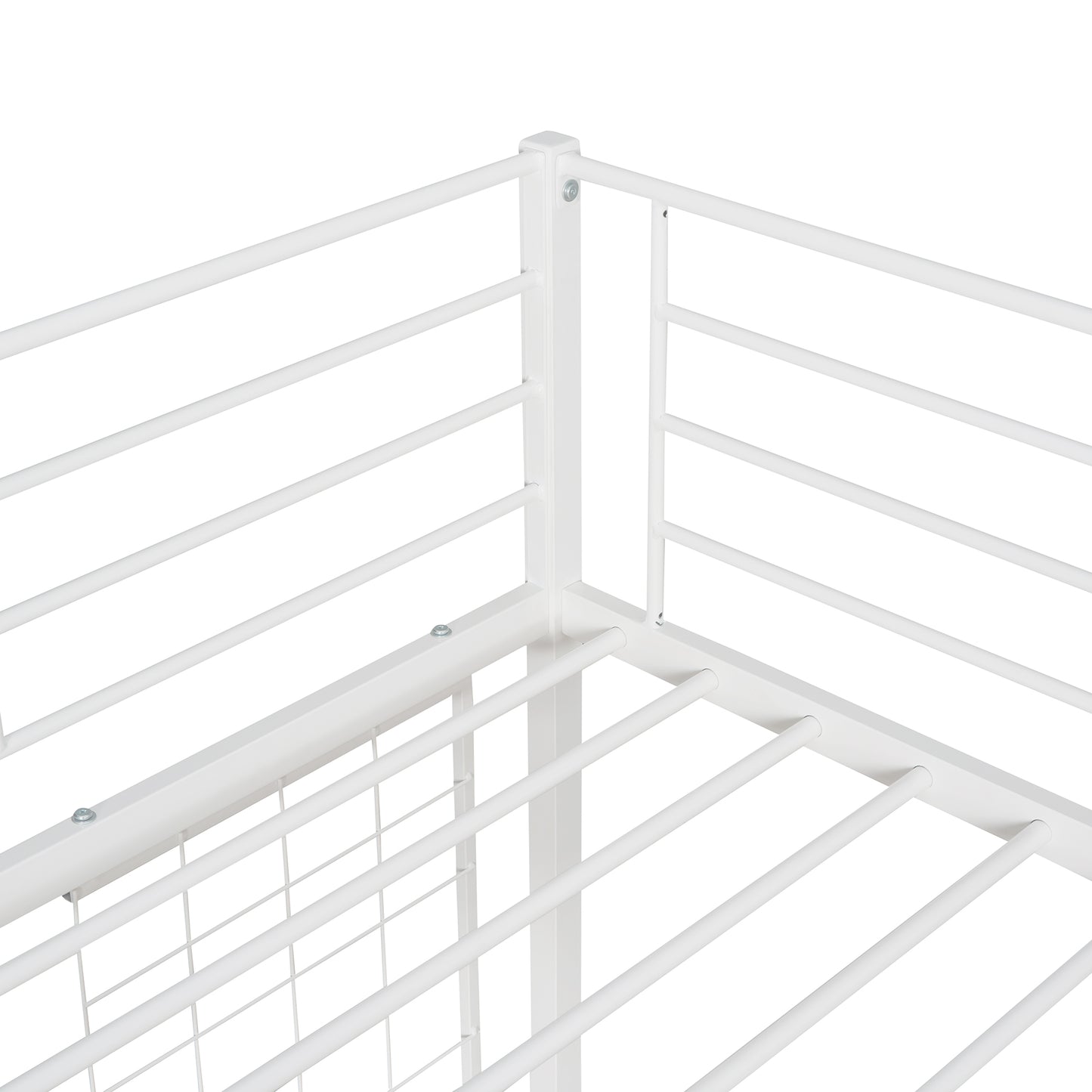 White metal bed frame corner detail