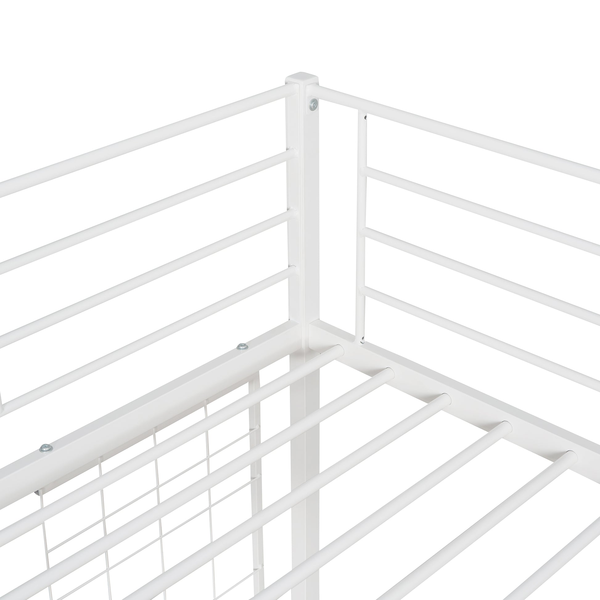 White metal bed frame corner detail