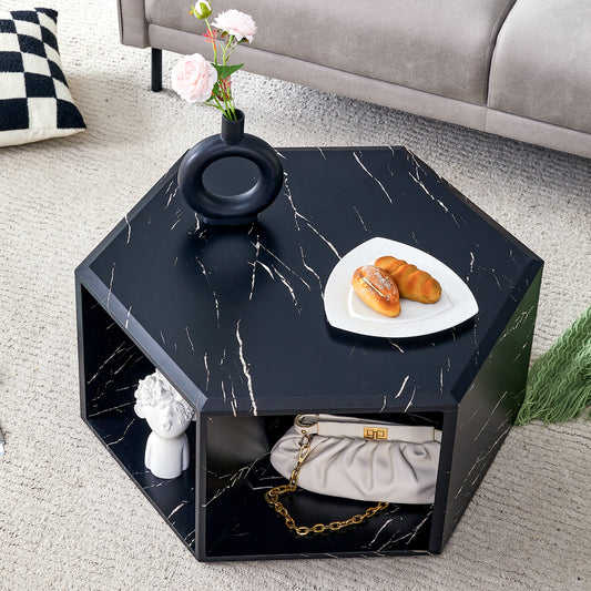 Black marble hexagonal coffee table with contemporary design and storage shelf