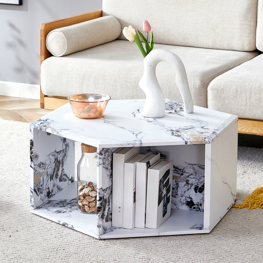White marble hexagon coffee table with gold veins featuring open shelving and contemporary design