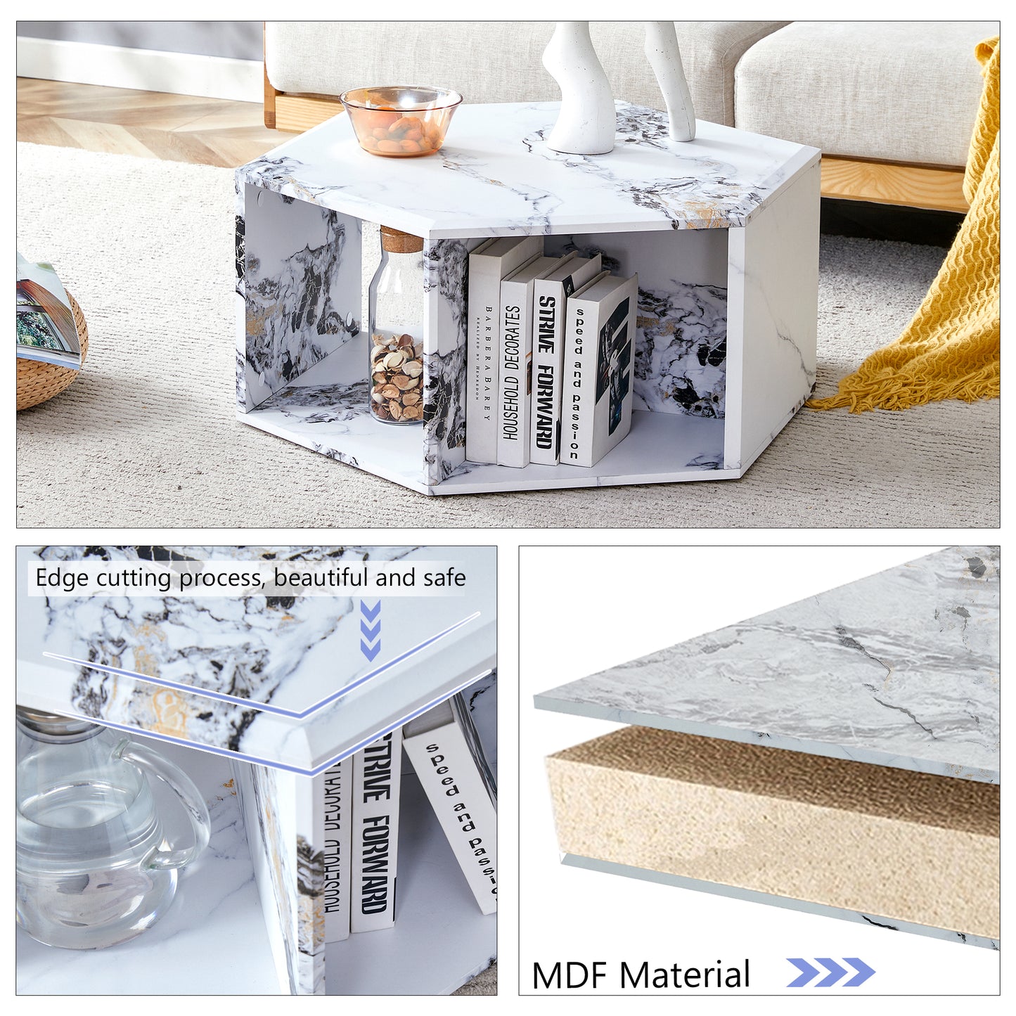 Hexagonal marble coffee table with gold accents and open storage shelf