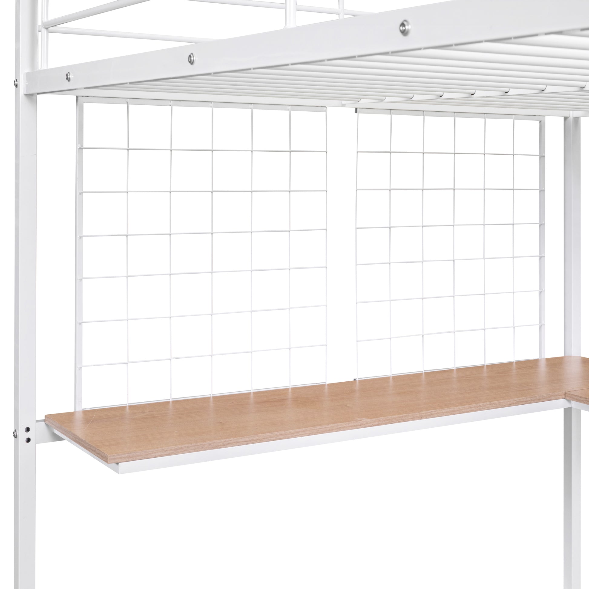 White metal bunk bed frame with light wood desk