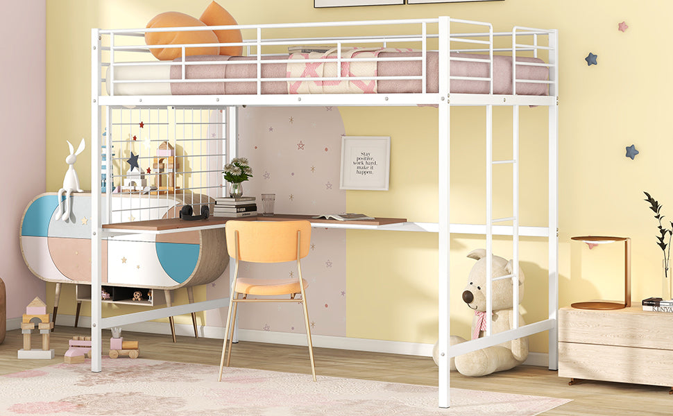White metal loft bed with desk and ladder