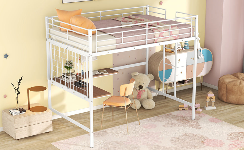 White metal loft bed with integrated desk and shelves for children