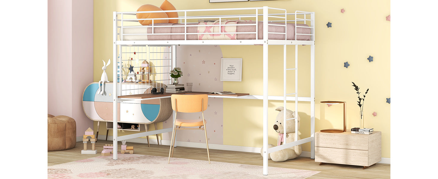 White metal twin loft bed with integrated desk and ladder