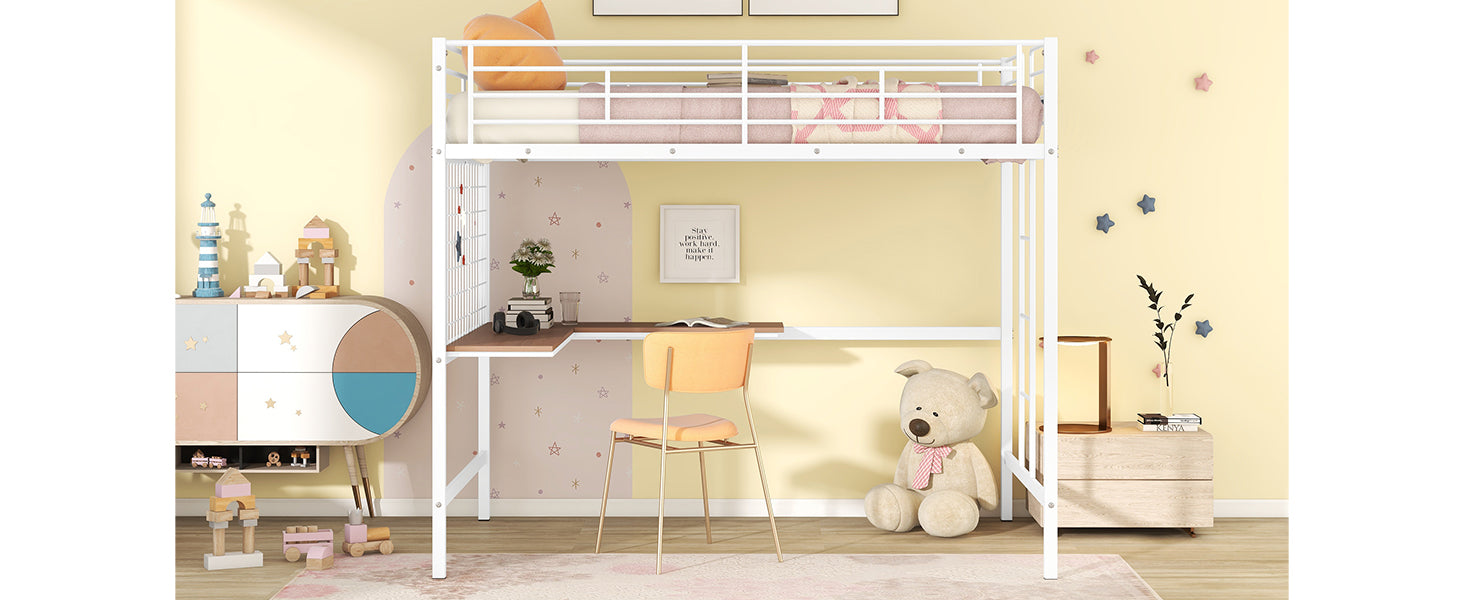 White metal loft bed with integrated desk and chair