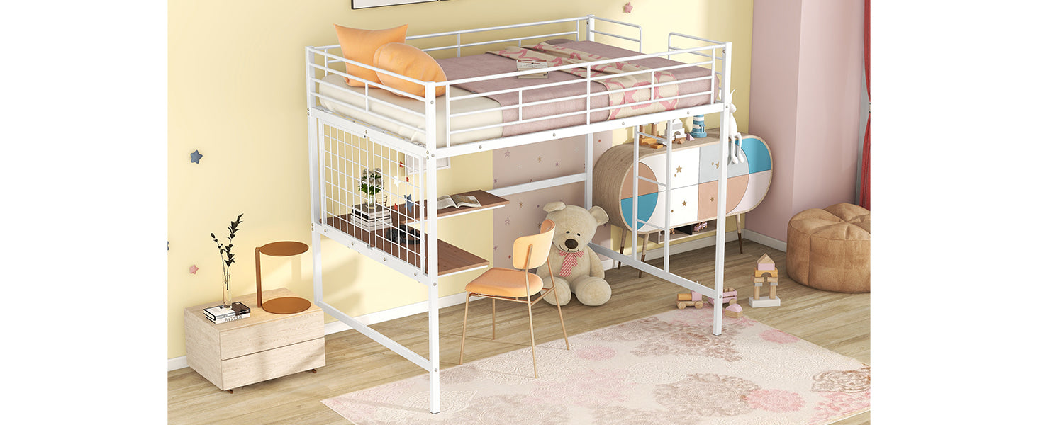 White metal twin loft bed with shelves and desk ideal for kids rooms