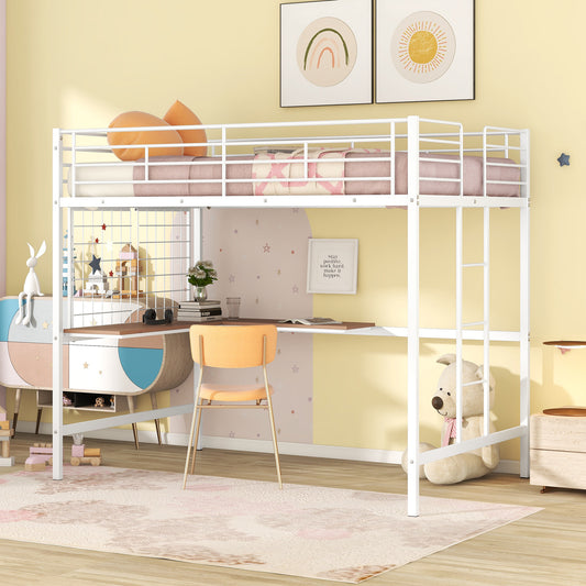 White metal loft bed with integrated desk for kids