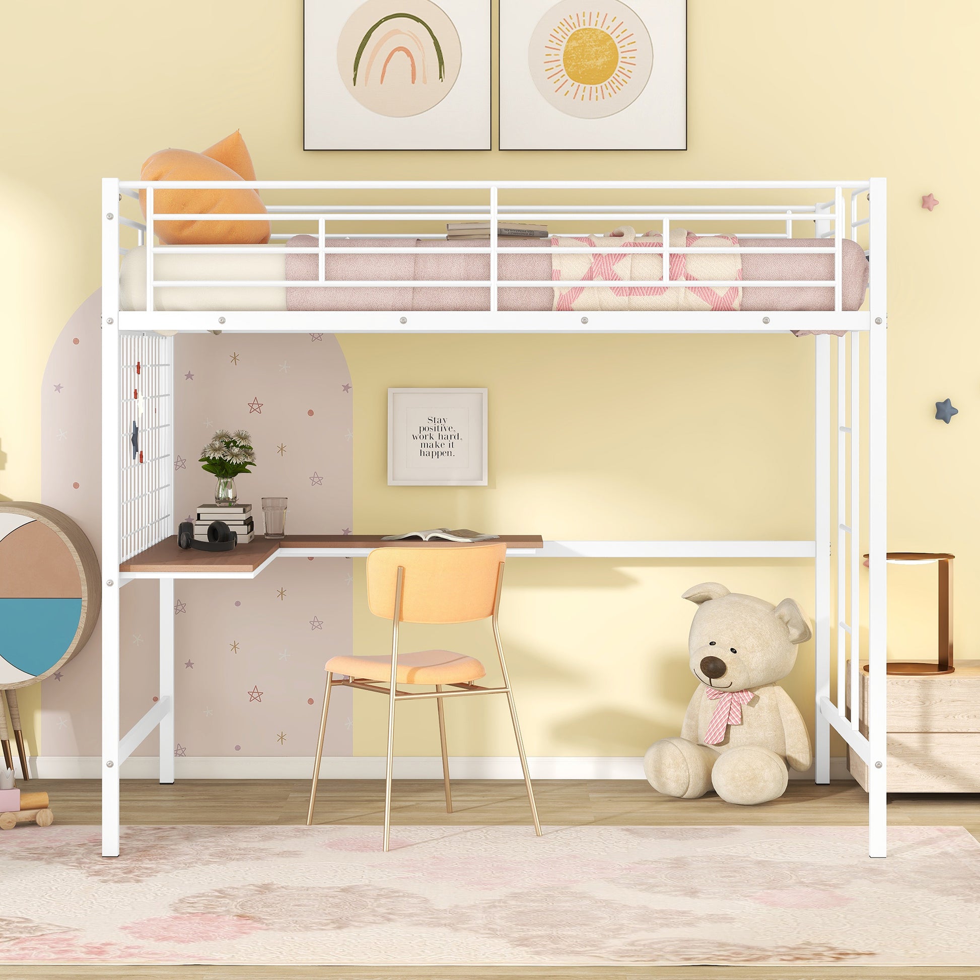White metal loft bed with integrated desk and playful decor
