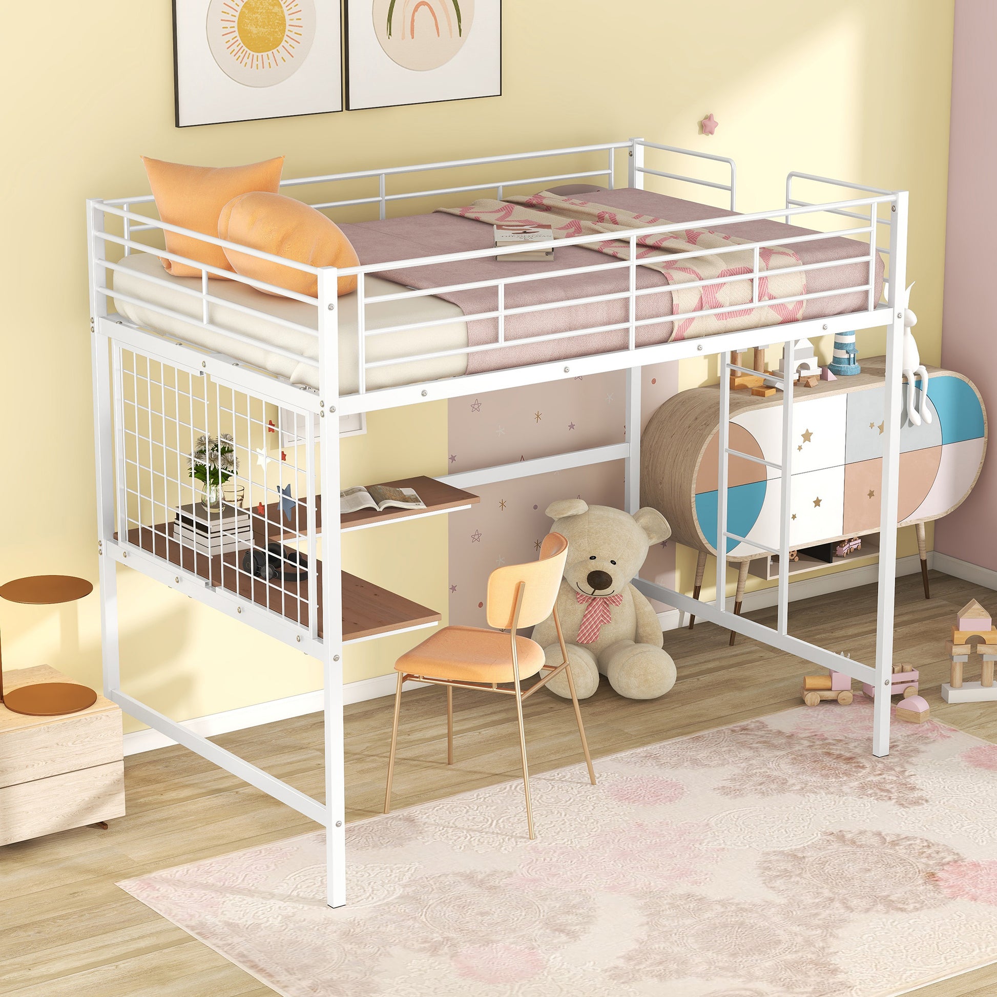 White metal loft bed with desk and shelves