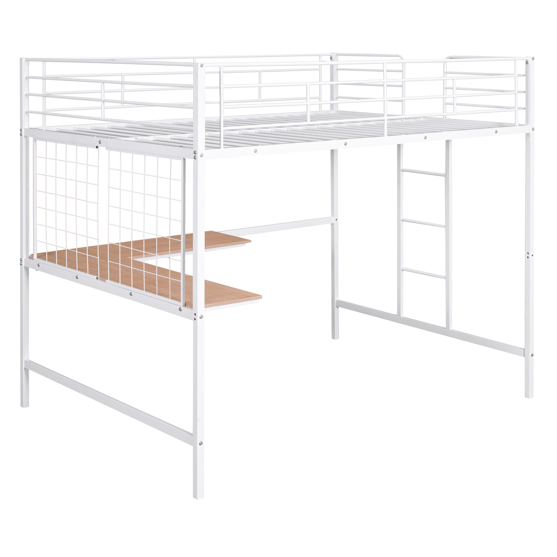 White metal loft bed with desk and integrated ladder
