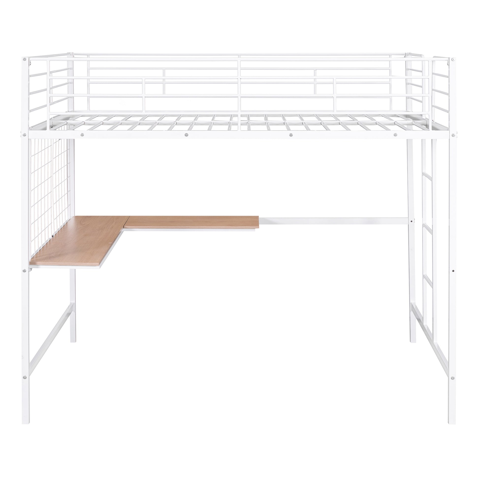 White metal loft bed with integrated Lshaped desk