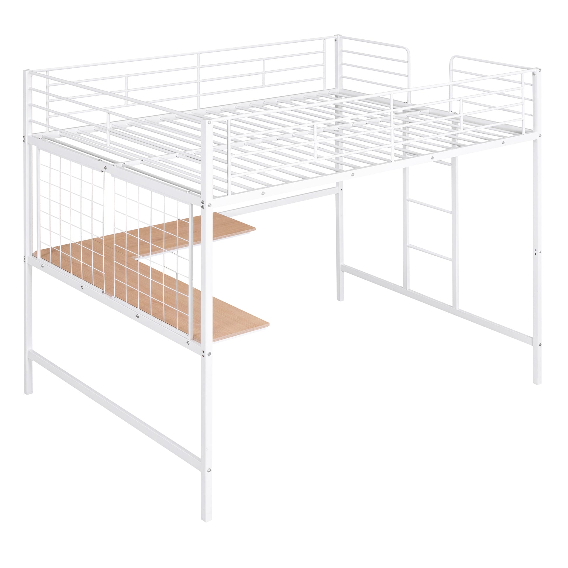 White metal loft bed with integrated desk and ladder for kids