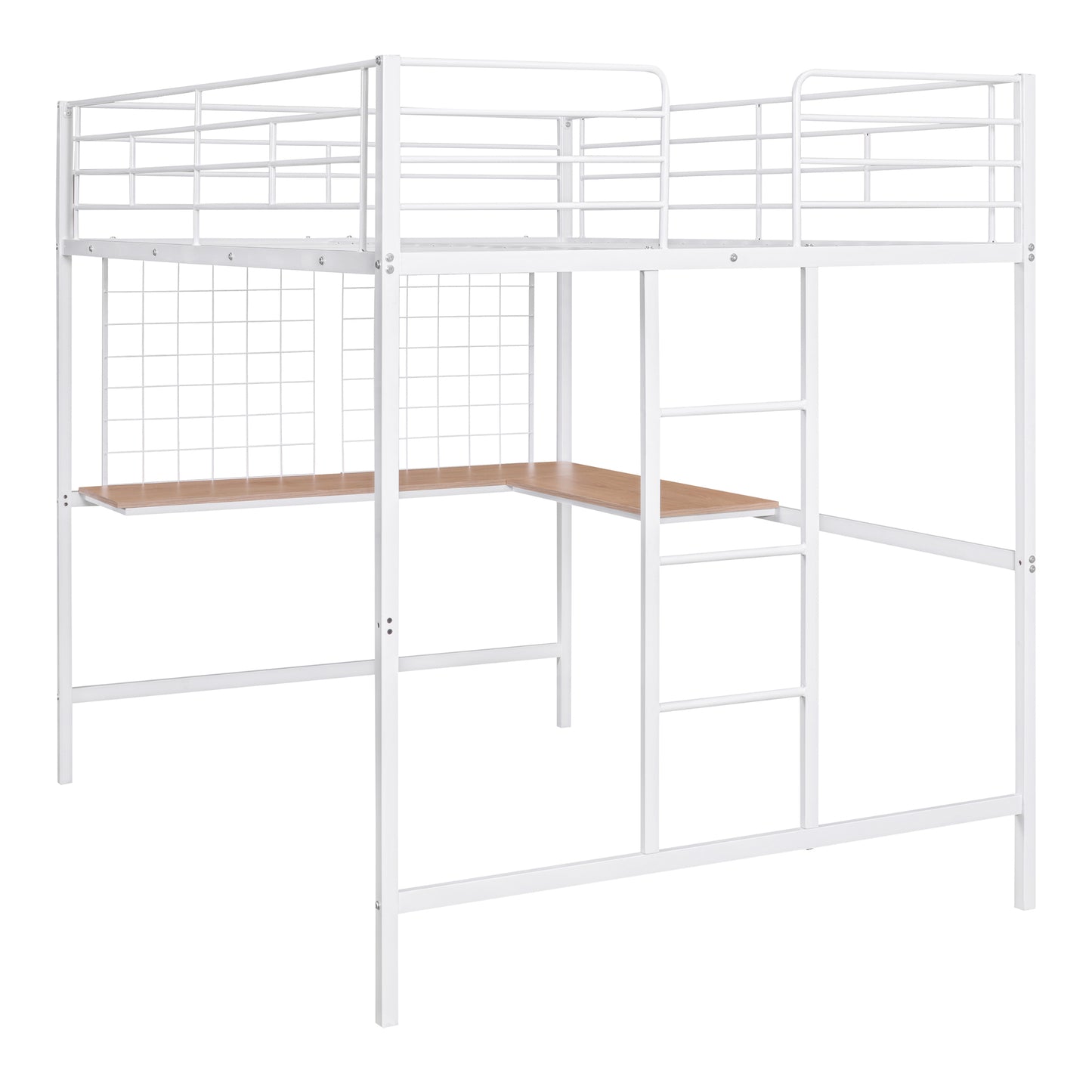 White metal loft bed with desk