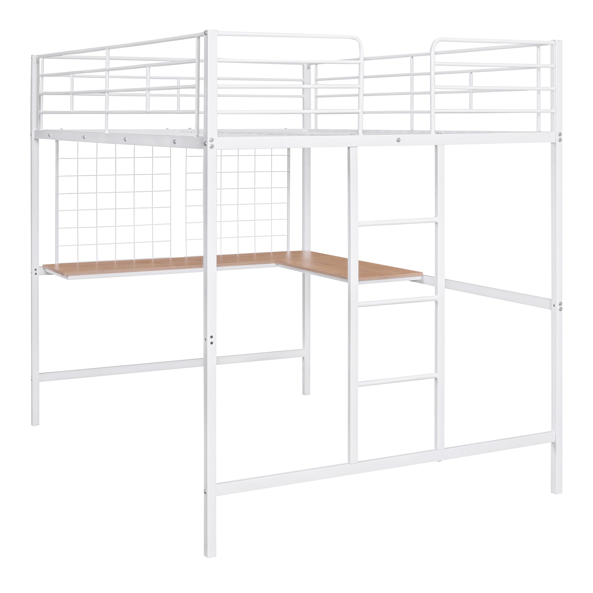 White metal loft bed with desk
