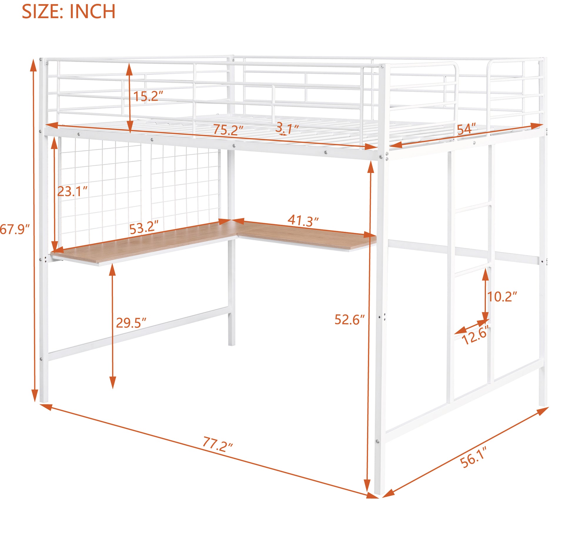 White metal loft bed with Lshaped desk and dimensions