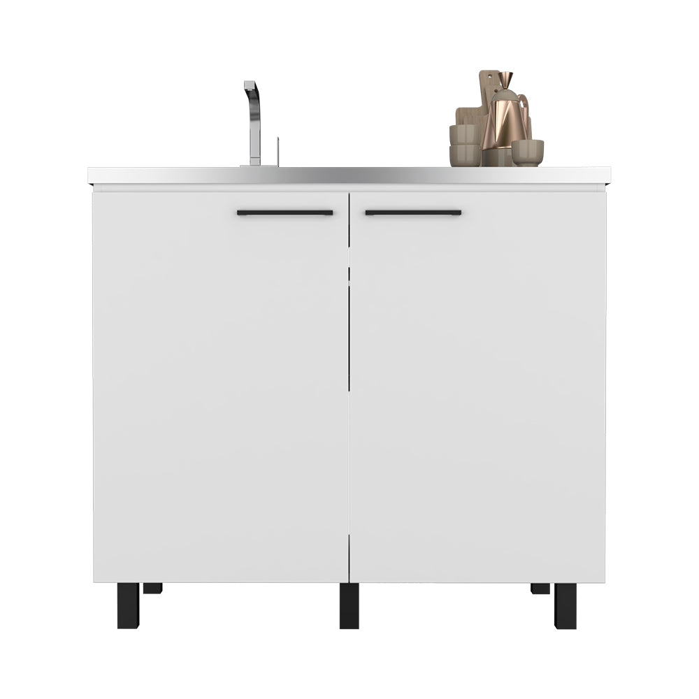 White twodoor cabinet with stainless steel countertop black handles and modern faucet