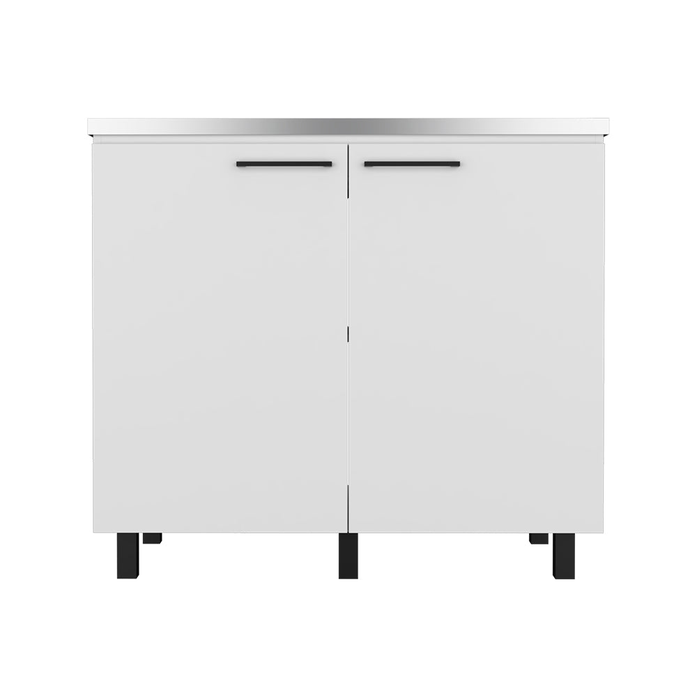 Modern white twodoor cabinet with black handles and minimalist black legs