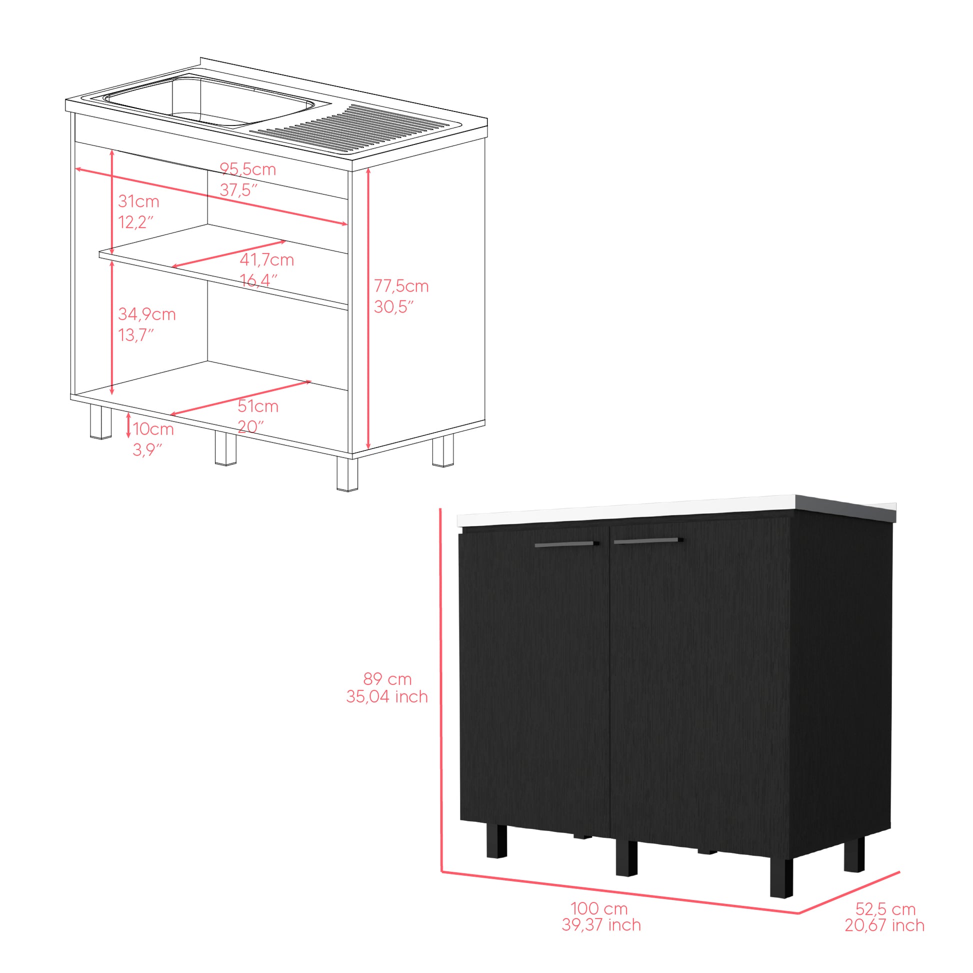 Line drawing of a kitchen sink cabinet with dimensions showing an integrated sink and draining board