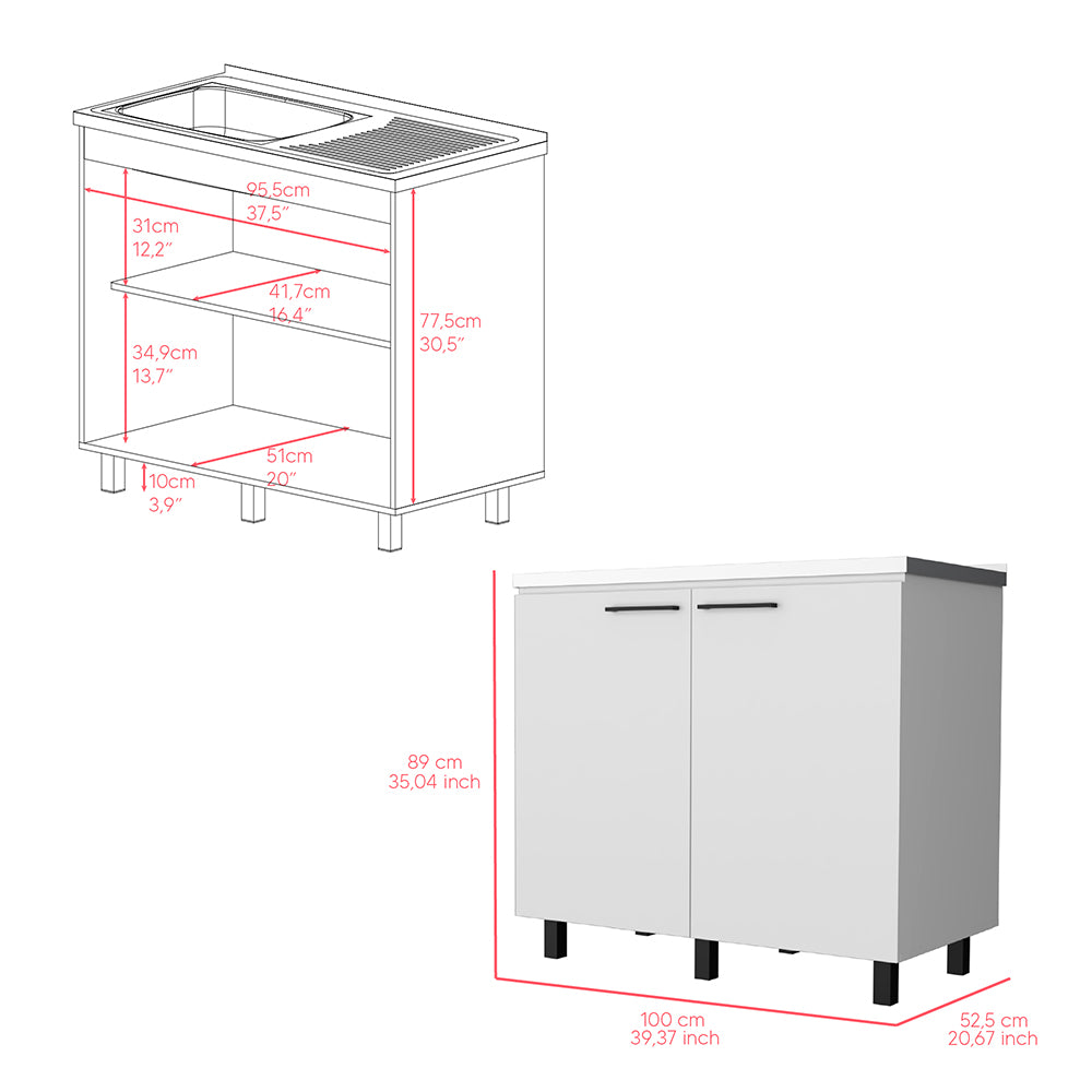 White kitchen cabinet with two doors and dimensions
