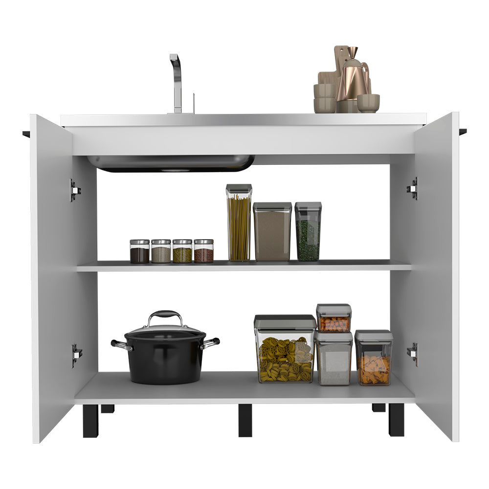 Kitchen cabinet with sink black pot and clear food storage containers for pantry organization