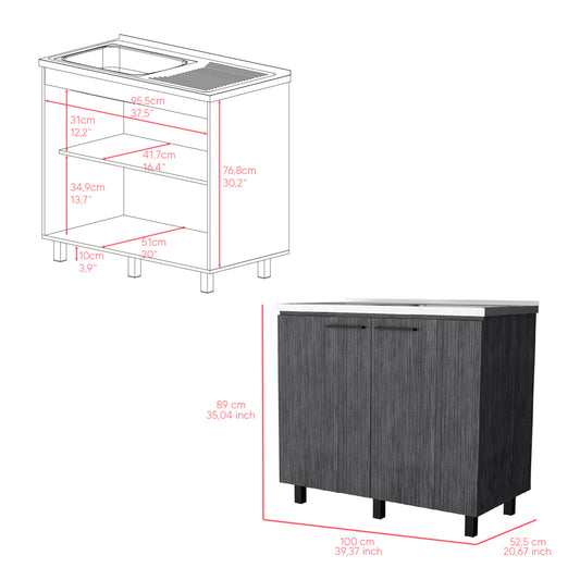 Twodoor dark gray wood grain cabinet with black handles cm width