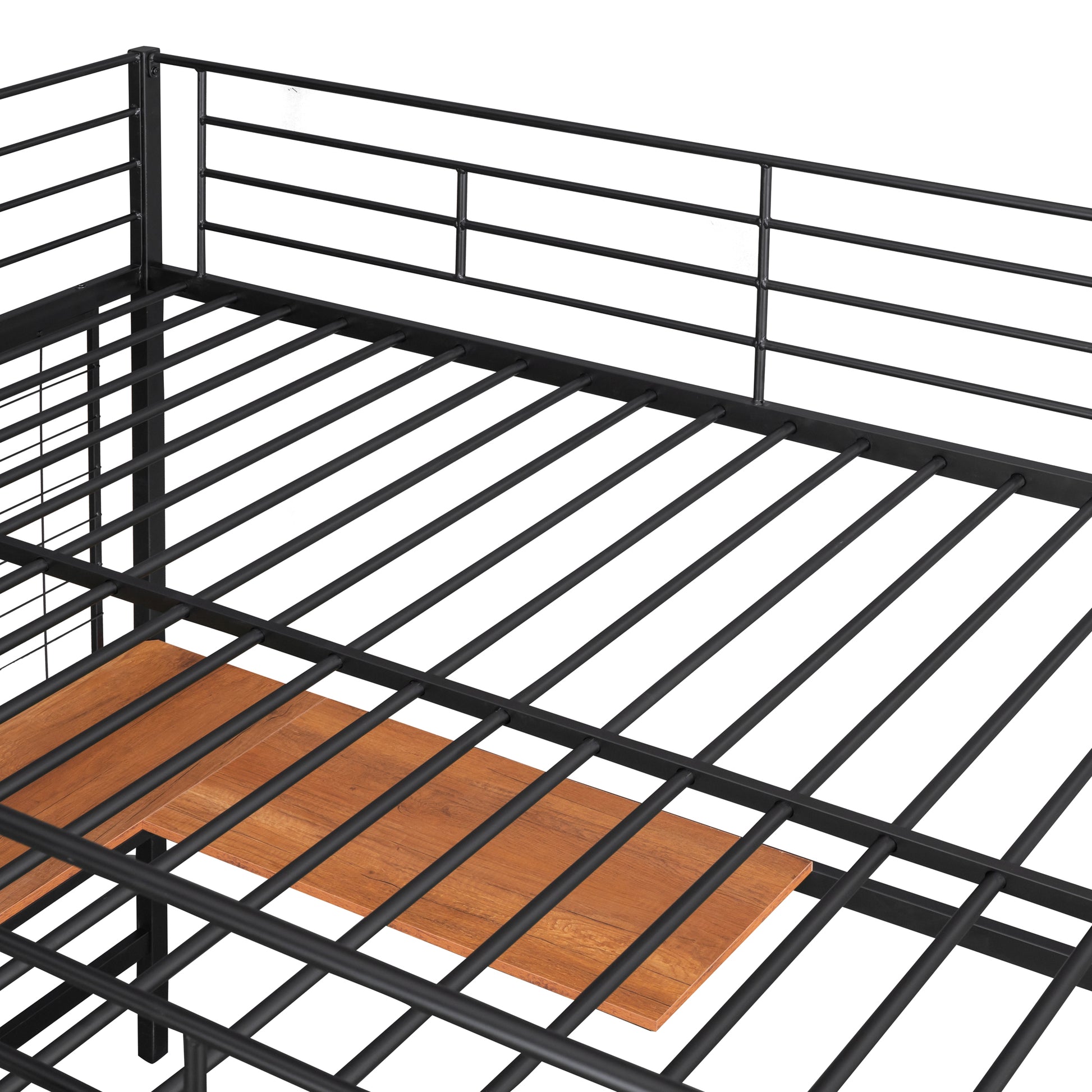 Black metal twin bed frame with wooden slats