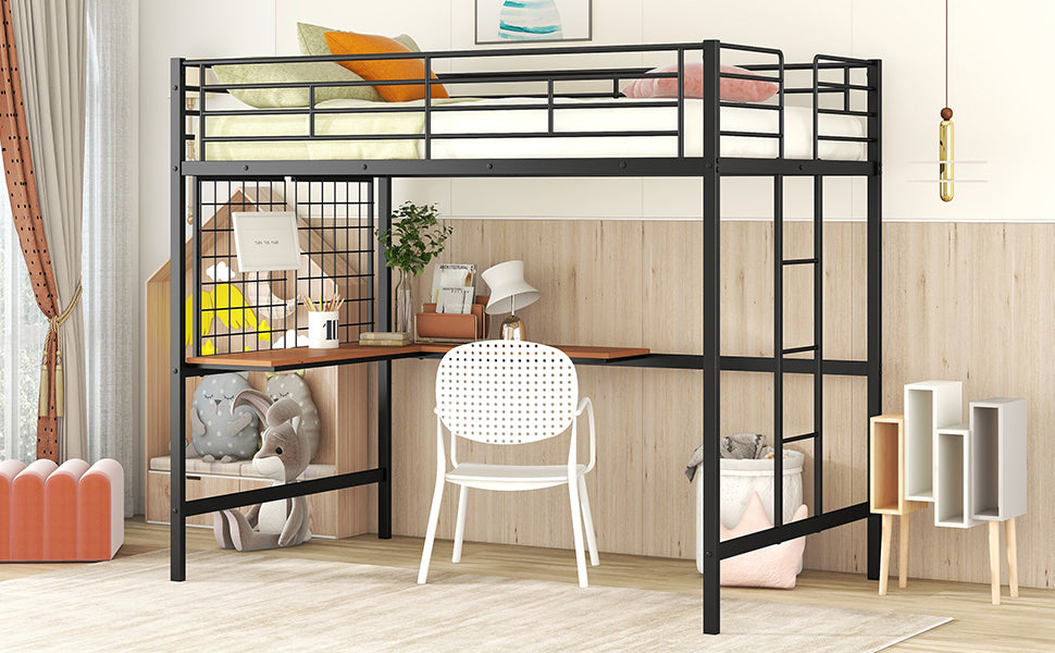 Black metal loft bed with integrated Lshaped desk and white perforated chair