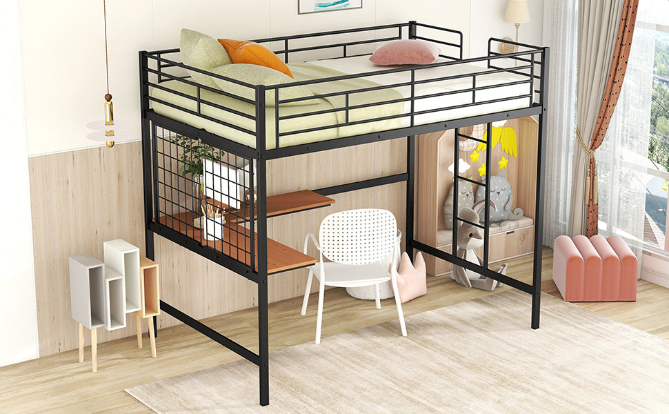 Black metal loft bed with wood shelves and guardrails
