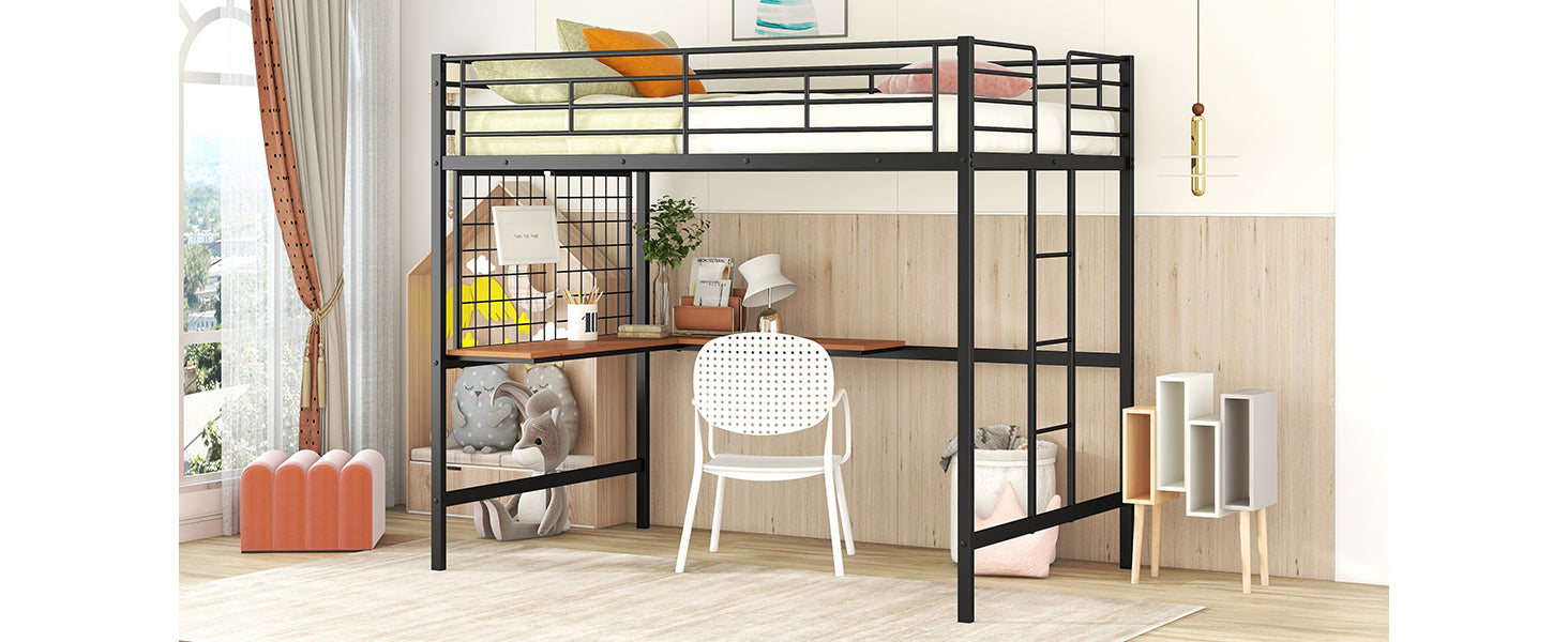 Black metal loft bed with integrated desk and white chair perfect for kids rooms