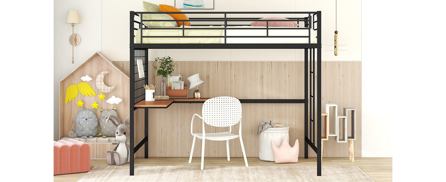 Black metal loft bed with desk and chair in a childs room