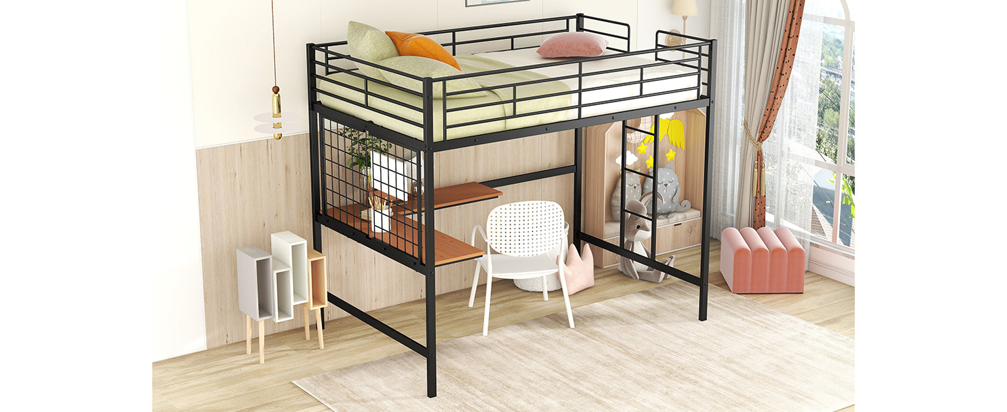 Black metal loft bed with wooden shelves and white chair perfect for kids bedrooms