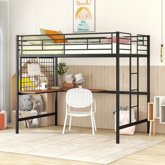 Black metal loft bed with integrated desk and white chair