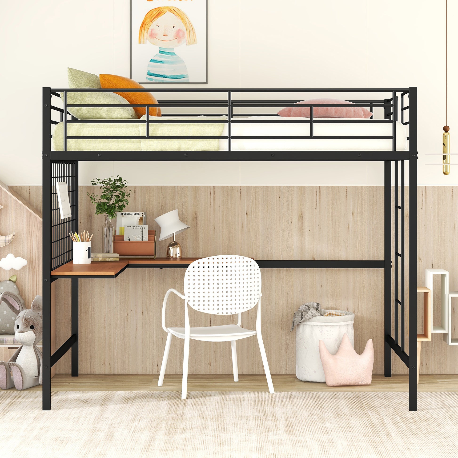 Black metal twin loft bed with integrated desk and chair