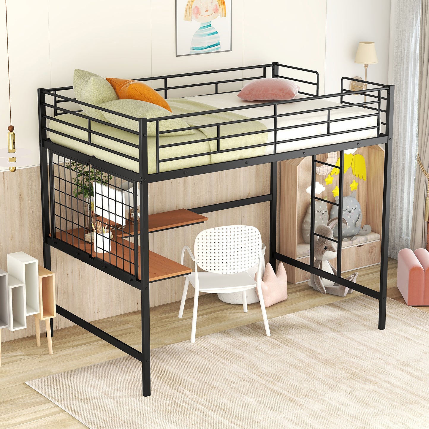 Black metal loft bed with integrated desk and shelves