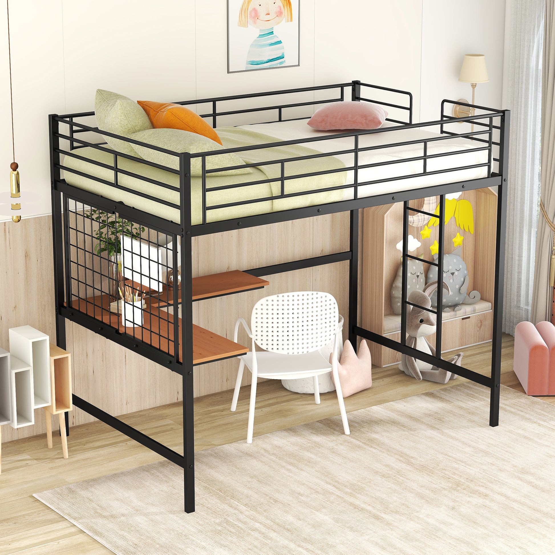 Black metal loft bed with integrated desk and shelves