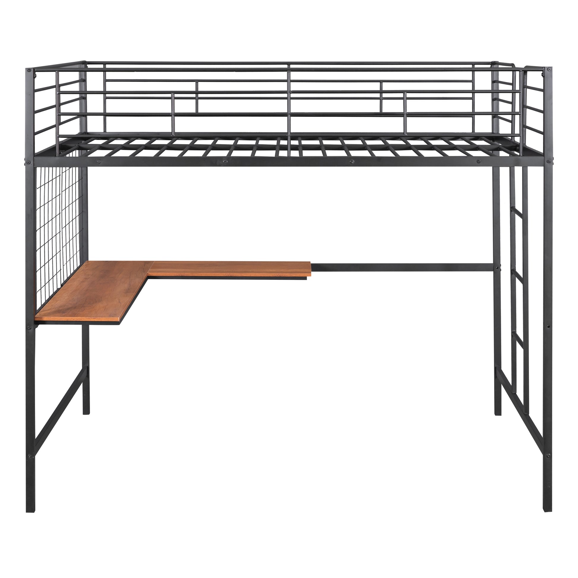 Black metal loft bed with integrated desk and guardrails