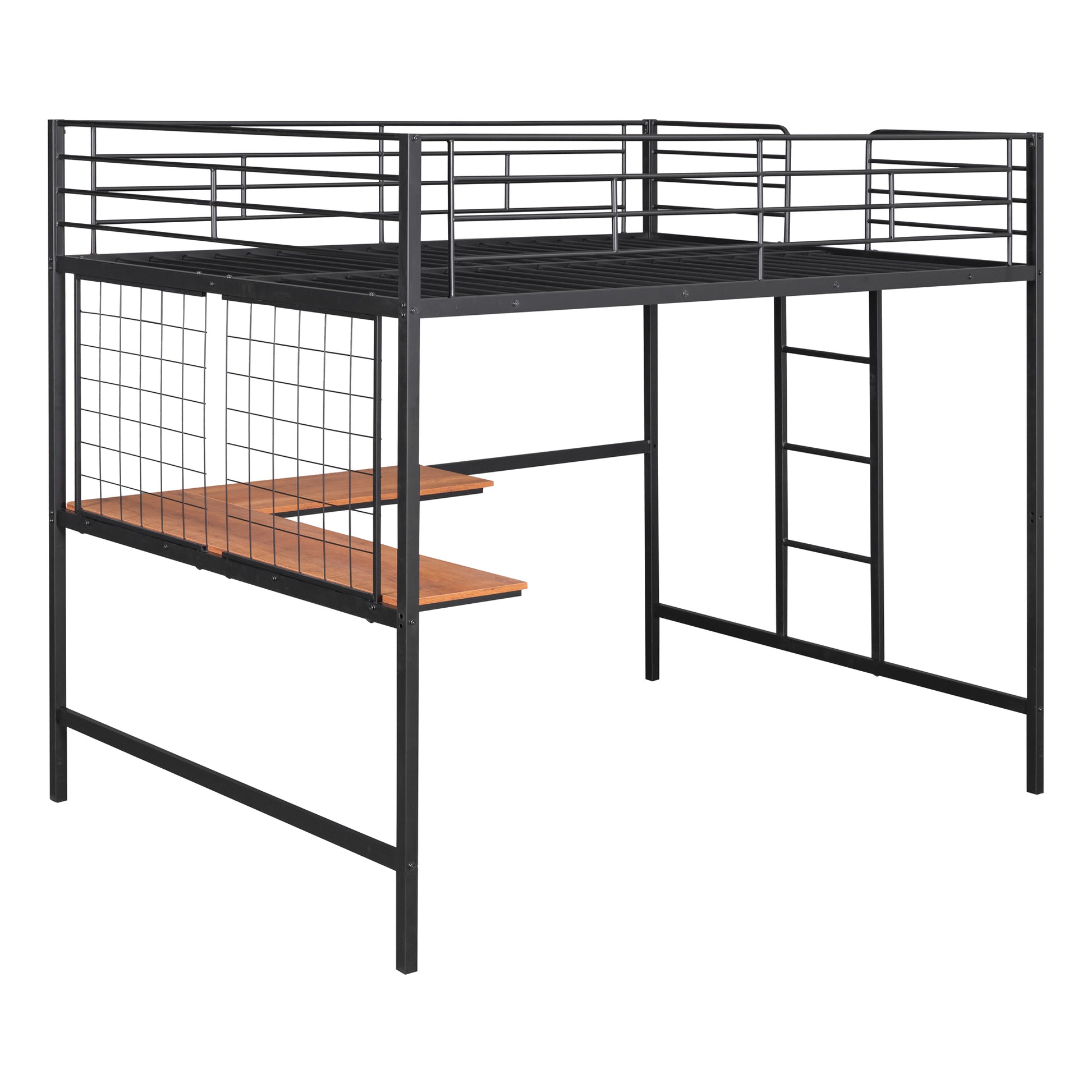 Black metal loft bed with wood desk
