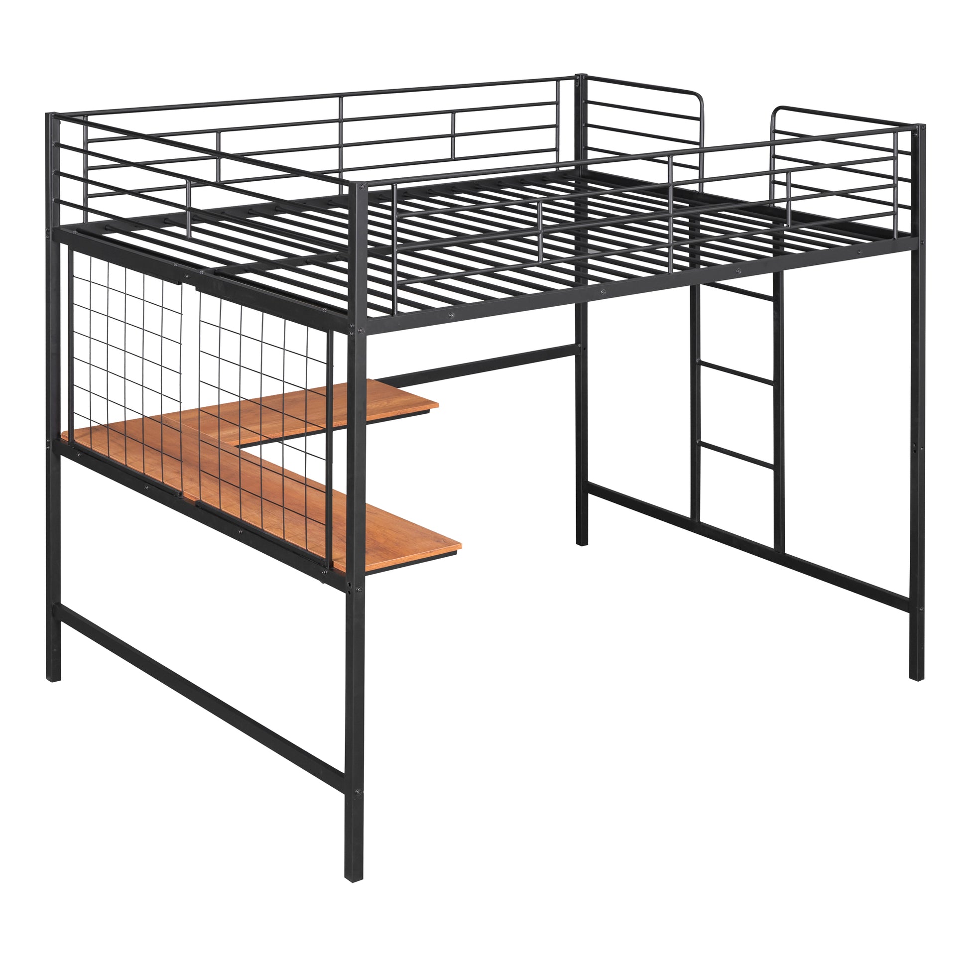 Black metal loft bed with wooden desk surface and ladder