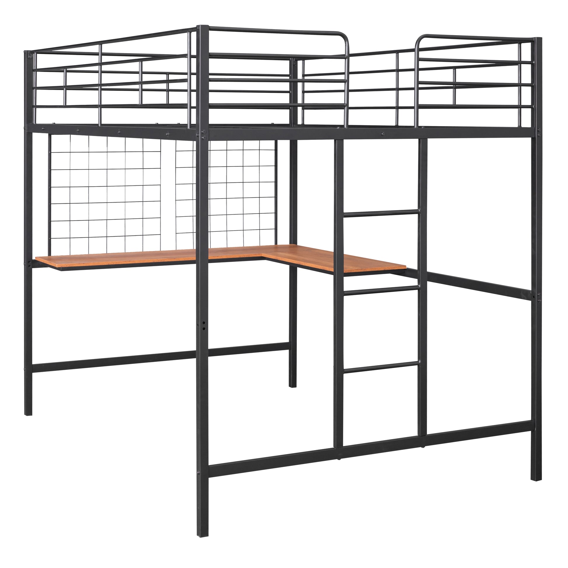 Black metal loft bed with desk