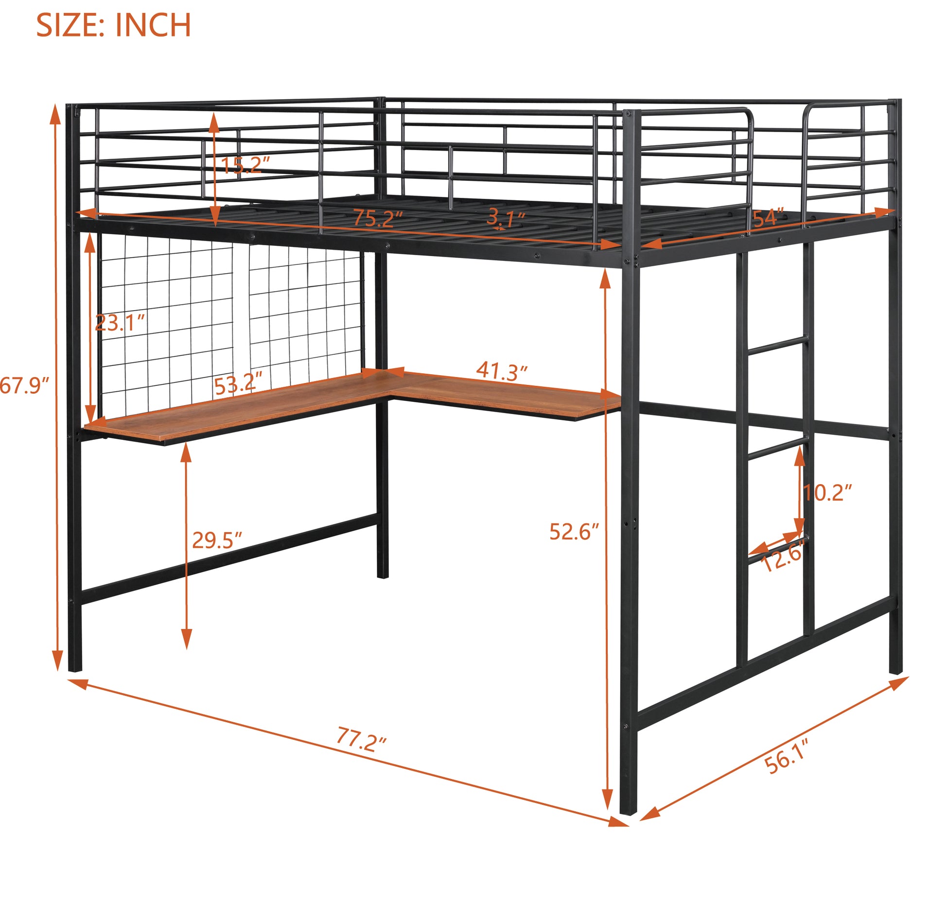 Black metal loft bed with Lshaped wood desk and guardrails  W x  D x  H