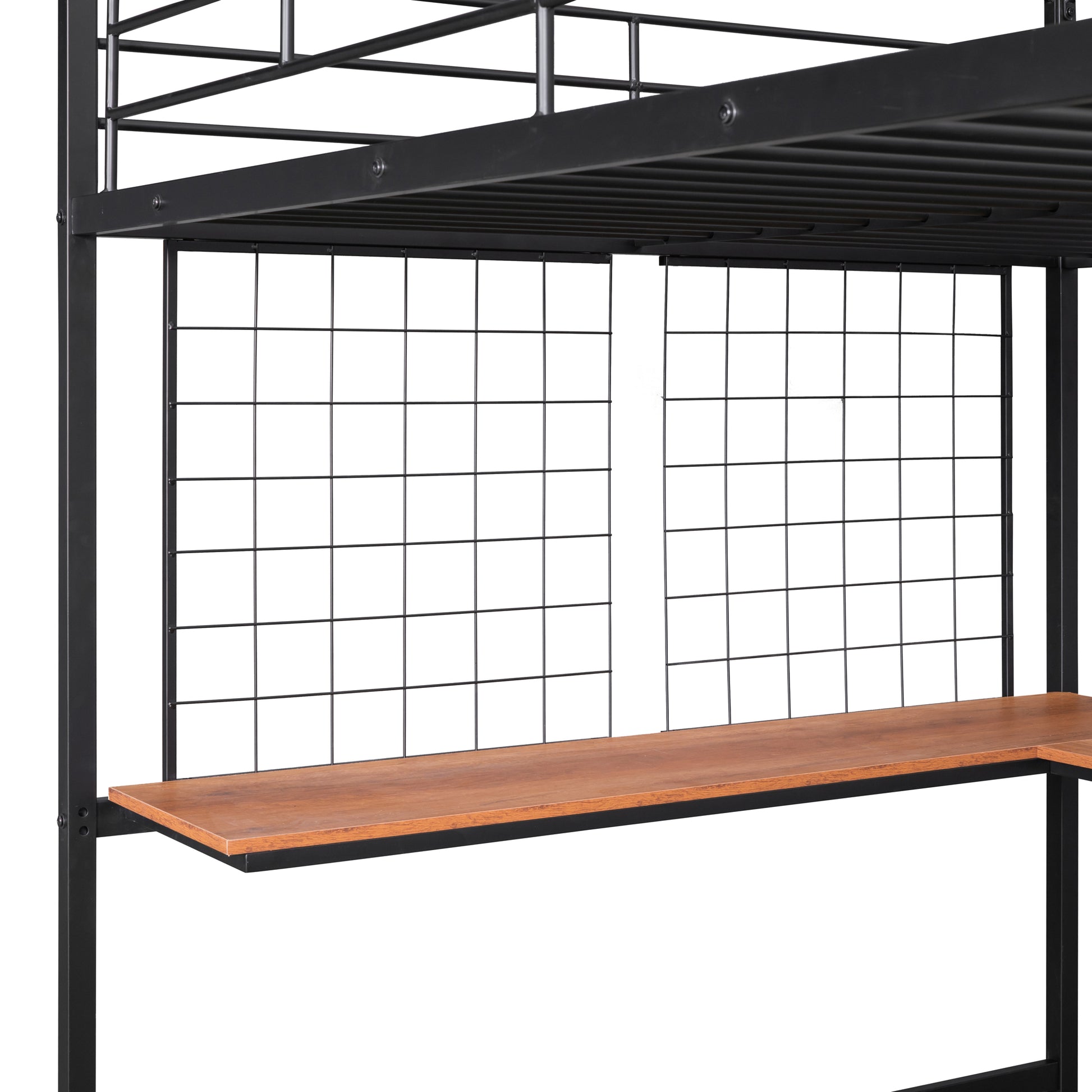 Black metal loft bed frame with slatted mattress support and wooden shelf detail