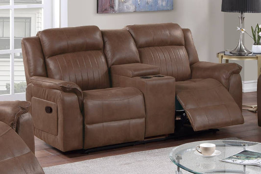 Brown leather loveseat recliner with builtin cup holders for cozy movie nights