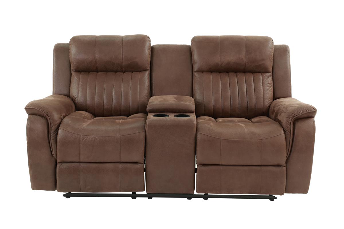 Brown leather loveseat recliner with dual cup holders and a central console for comfortable seating