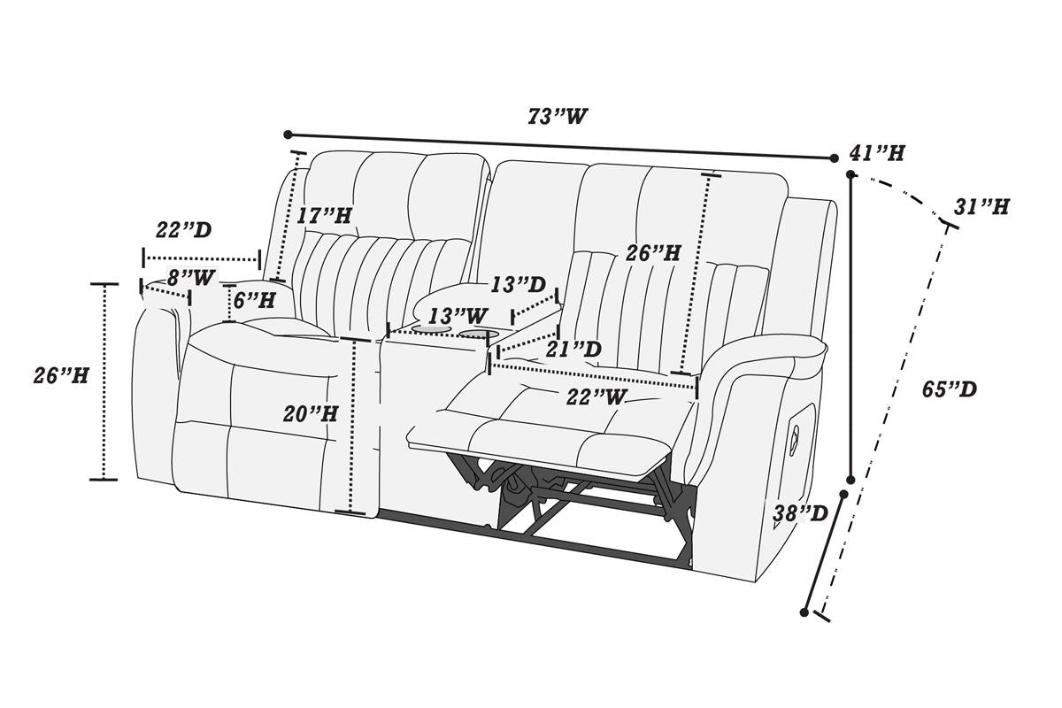 Recliner sofa diagram showing dimensions  W  H  D