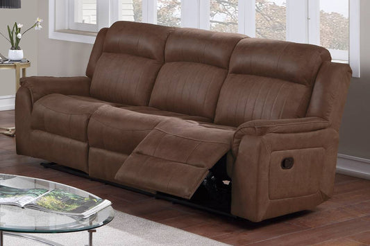 Brown leather threeseater recliner sofa with plush cushions and reclining footrests
