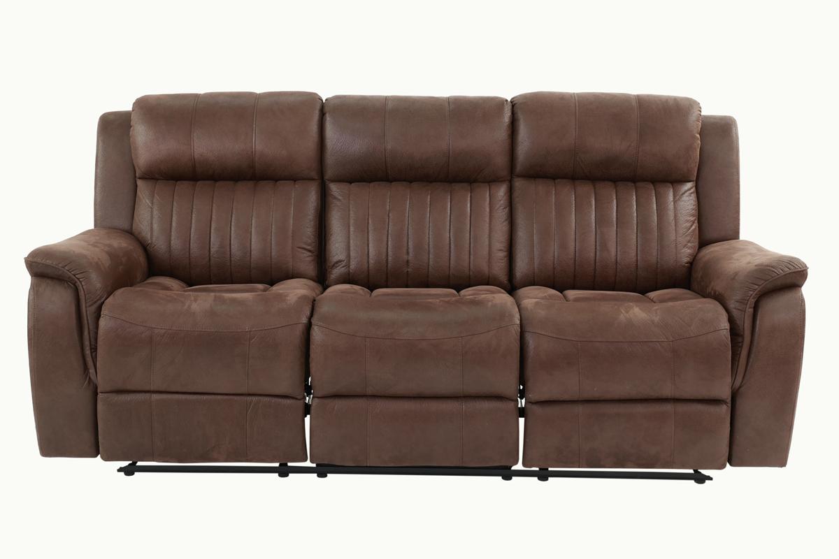 Brown leather seater recliner sofa with plush cushions and adjustable headrests