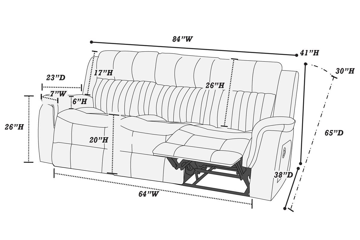 Line drawing of a plush recliner sofa showing dimensions W H D